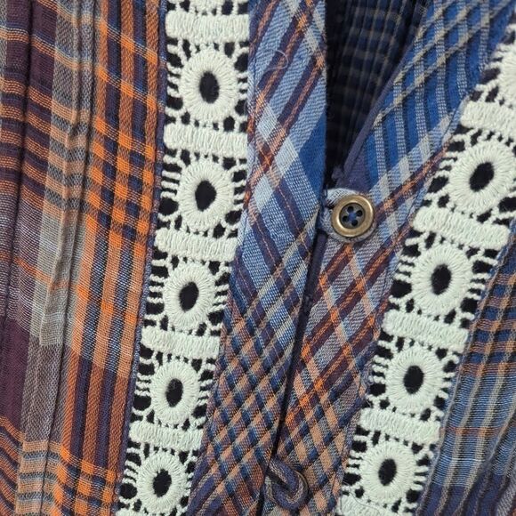 Holding Horses Anthropologie Navy & Orange Plaid Lace Trim High Low Dress XS - Picture 3 of 8